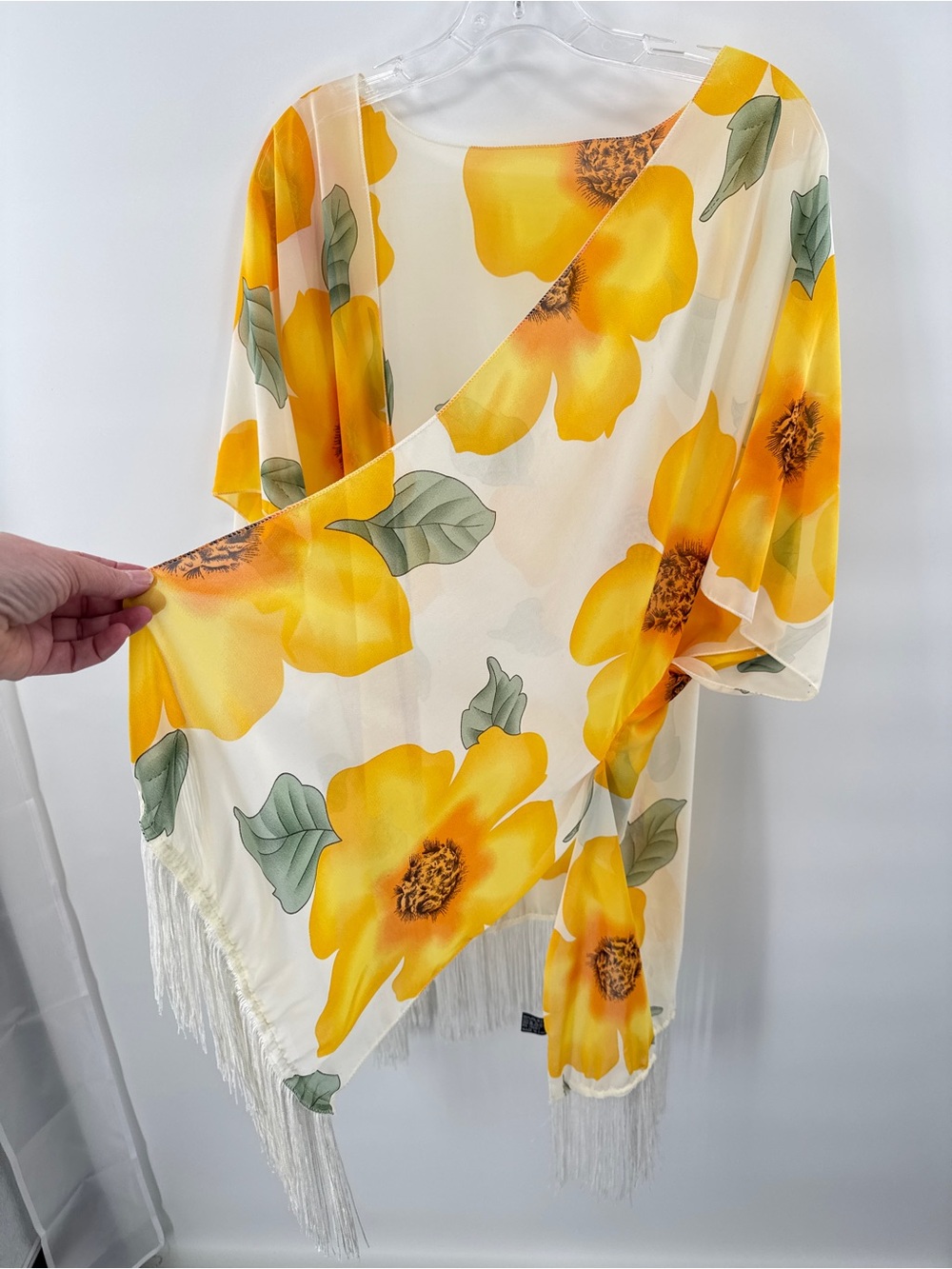 Sheer Floral Kimono Cover Up Yellow Orange Boho Fringe Hem Lightweight Summer - Picture 6 of 8